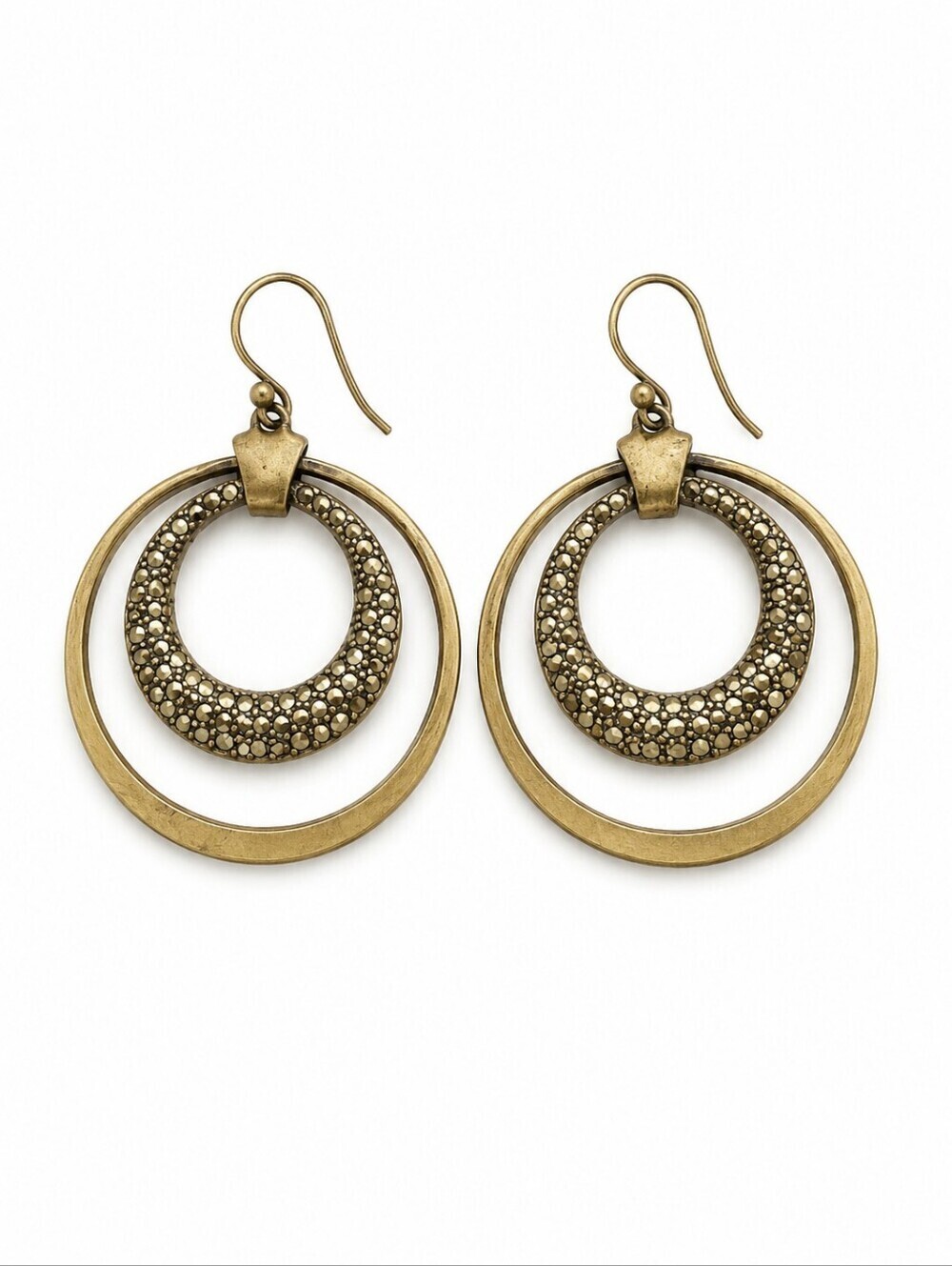 VTG Brass Creole Double Circle Glitter Nebula Baddie Dangle Earrings